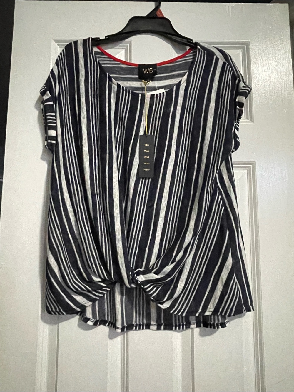 W5 Navy and White Striped Short-Sleeve Twist Front Top